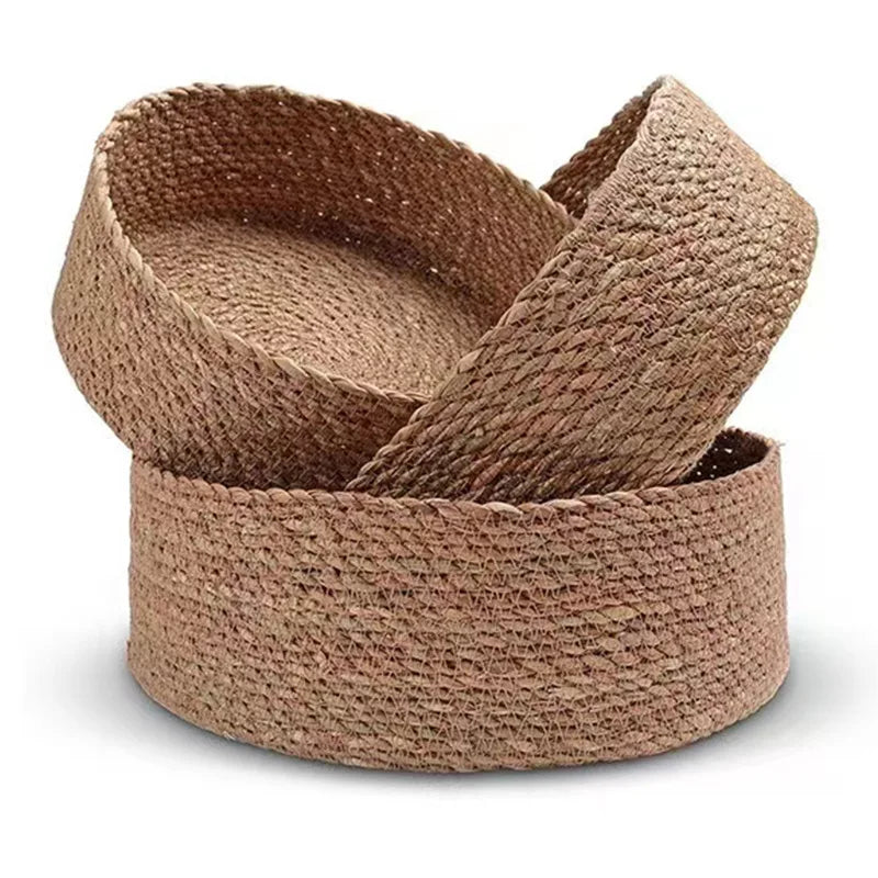 3 Size Woven Storage Basket, Organize Straw Cosmetics Storage Basket, Snack Food Storage Table Basket Made of Cattail Material - Brown / 3PCS SETS