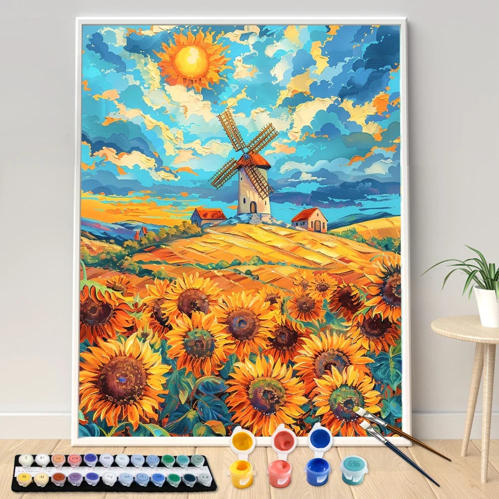 Painting kit by number field of sunflowers windmill artisanal decoration - view 3