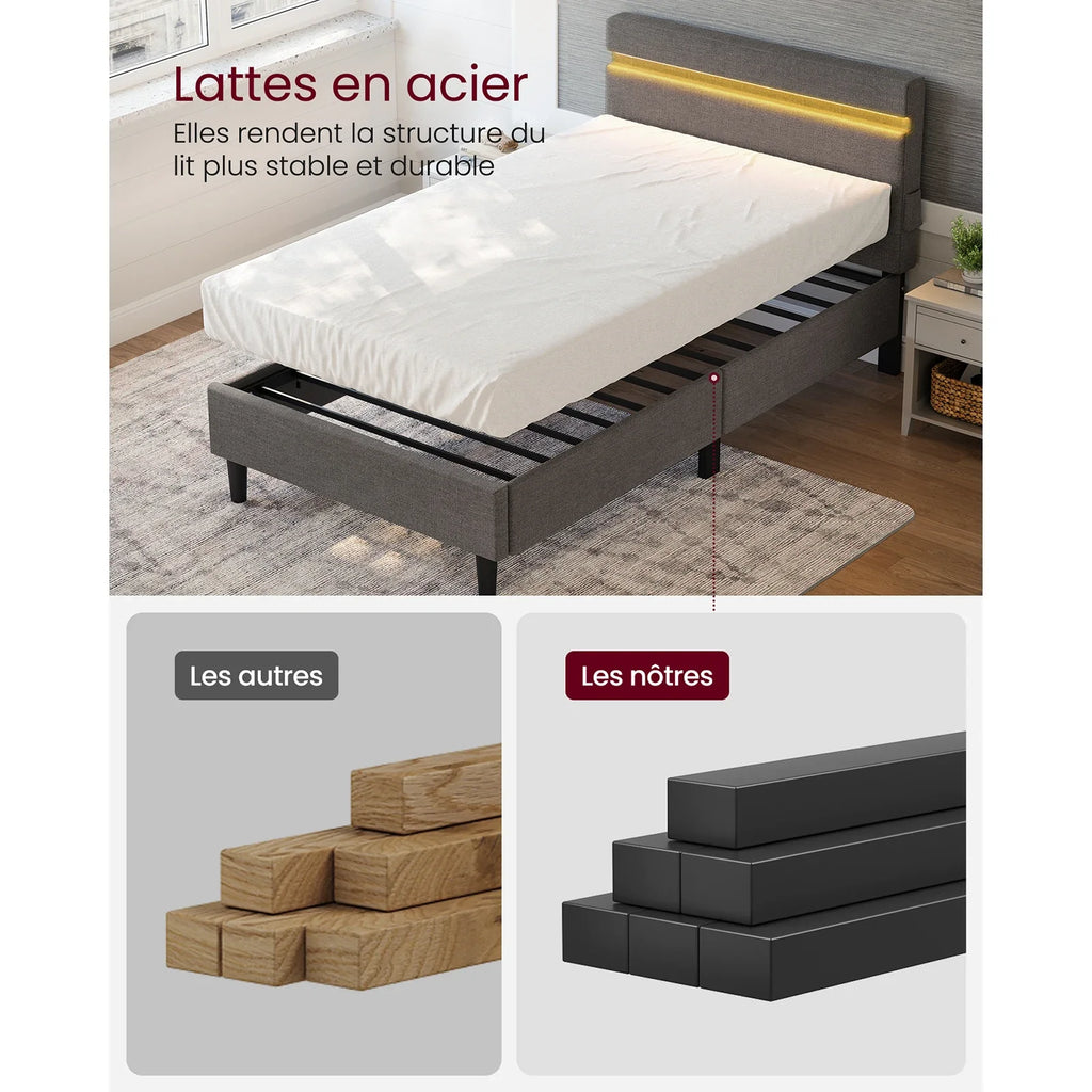 VASAGLE Metal Single Bed, 90 x 190 cm, Bed Frame, with Headboard, LED Lighting, USB and Type-C Port, Modern Style - view 2