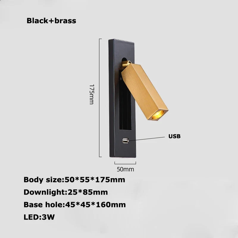 Brass and Black LED Wall Sconce with USB Port and Switch - Neutral light / Black brass USB