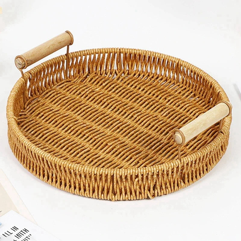 Woven rattan storage tray with wooden handles - view 4