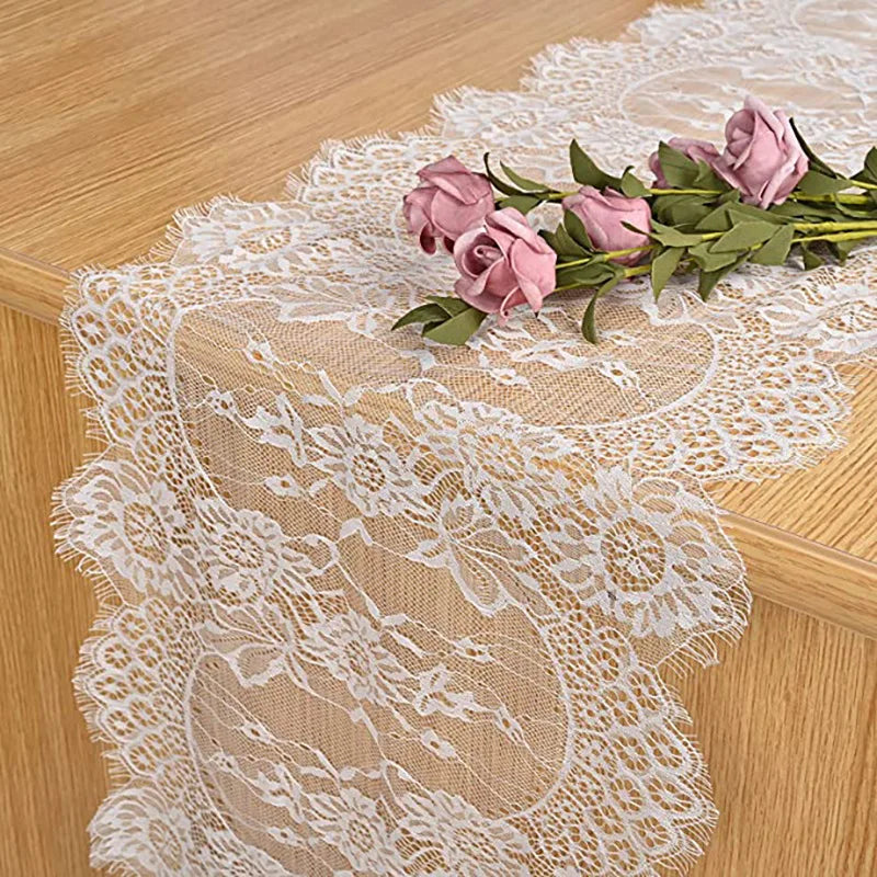 White Floral Lace Boho Table Runner, 36 x 300 cm, Design 1