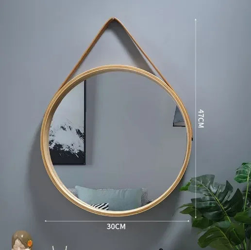 Round wall mirror with thick wooden border - Wood
