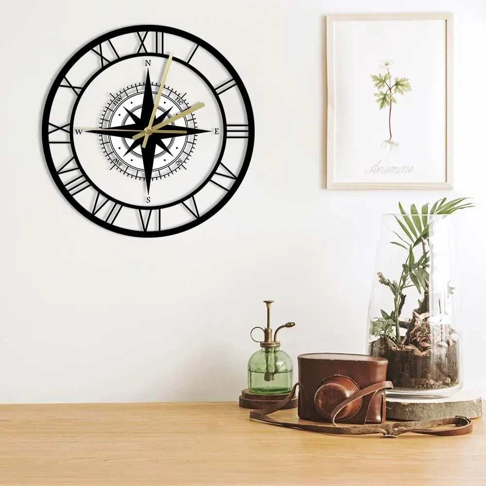 Silent wall clock with compass and steering map - view 3