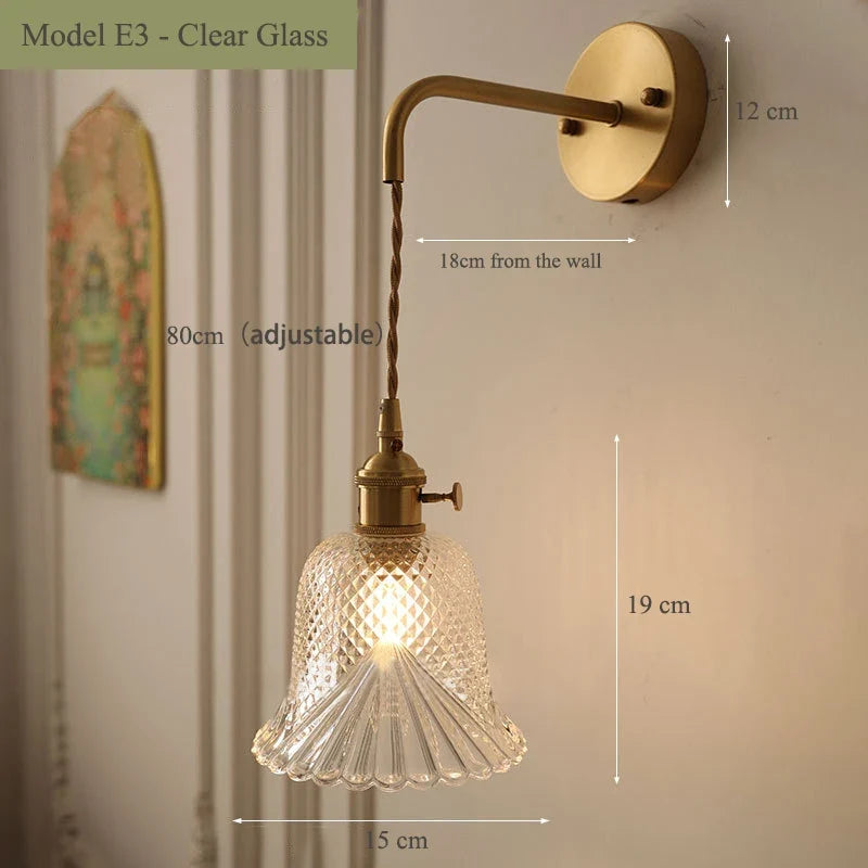 Vintage glass wall sconce with brass socket - E3
