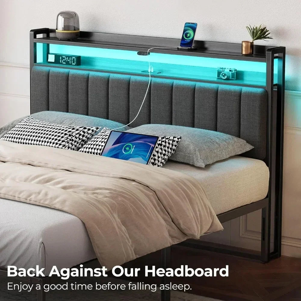 Headboard for Full/Twin/Queen Bed with Storage, 60,000 DIY Color of LED Light, with USB, Height Adjustable, Black Upholstered - view 2