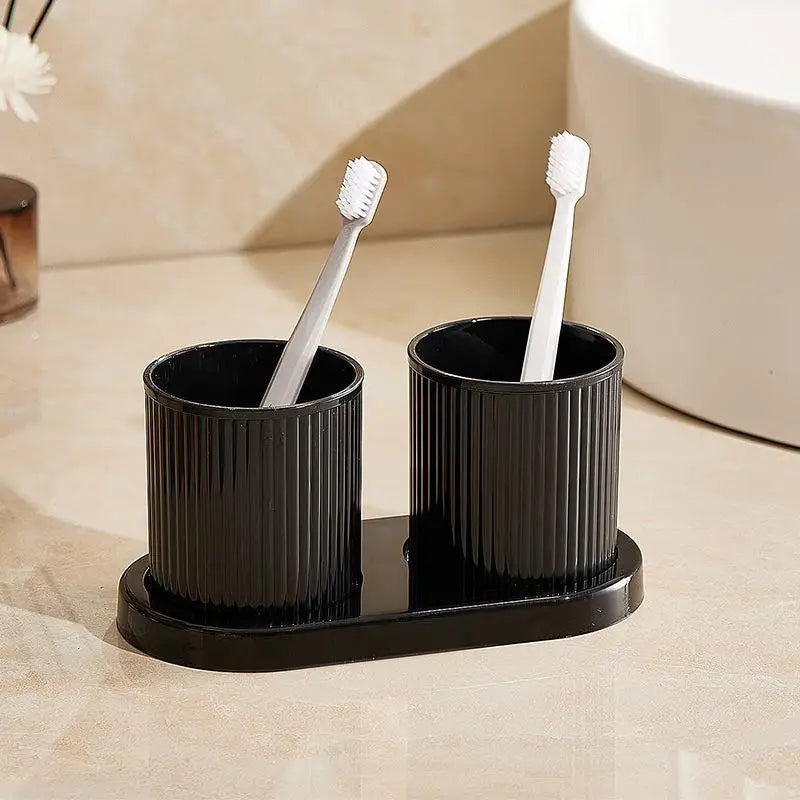 Washing Cup Toothbrush Holder Portable Couple Washing Mouth Cups, Plastic Toothbrush Cup with Tray Base, Bathroom Accessories - Black Set