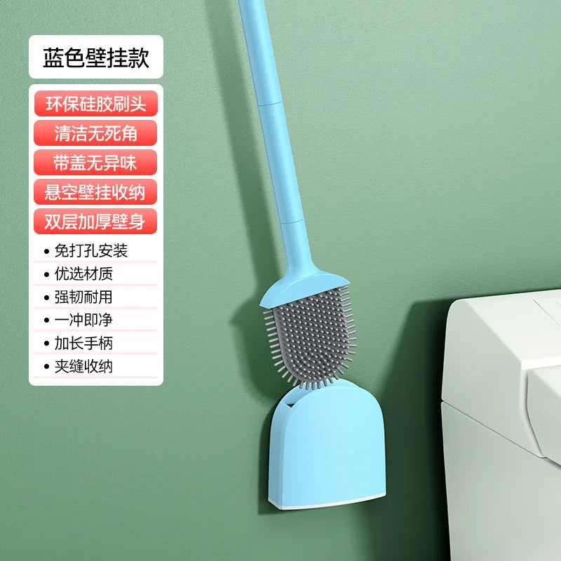 Silicone toilet brush with hanging holder and long handle - Blue