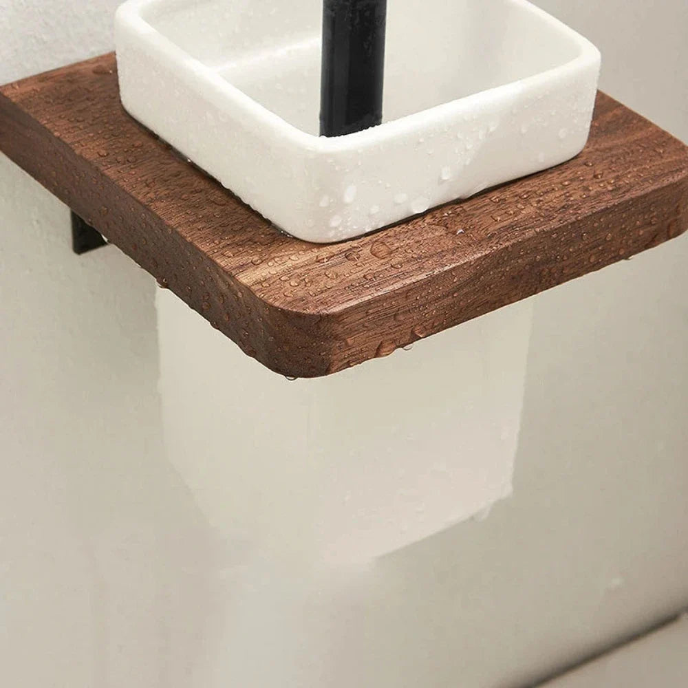 Wall-Mounted Toilet Brush Holder Set, Ceramic Base, Solid Wood, Luxury Bathroom Accessories, No Dead Corner - view 4