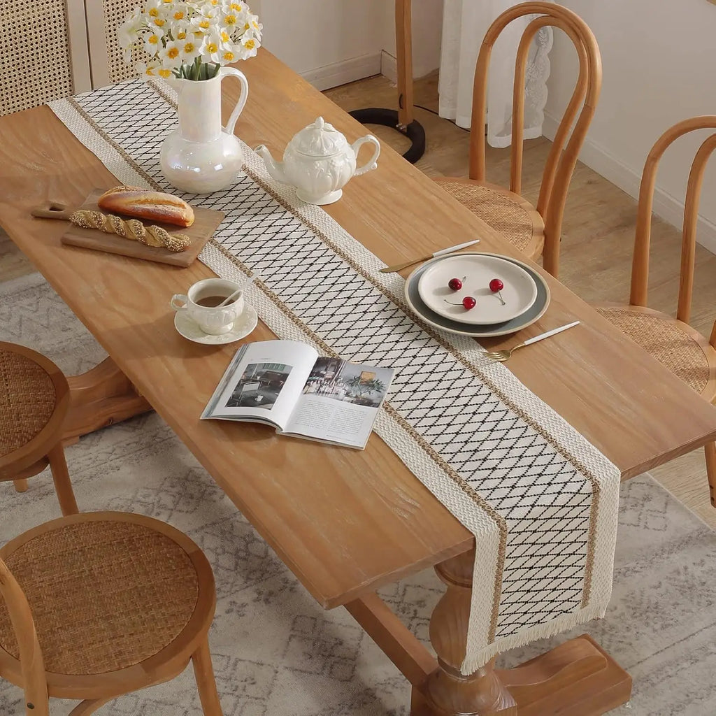 Bohemian table runner cotton beige linen - view 4