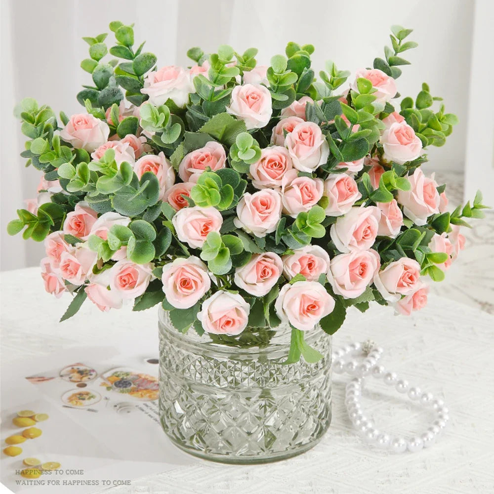 Set of 10 artificial rose wines bouquet with eucalyptus and decorative peonies