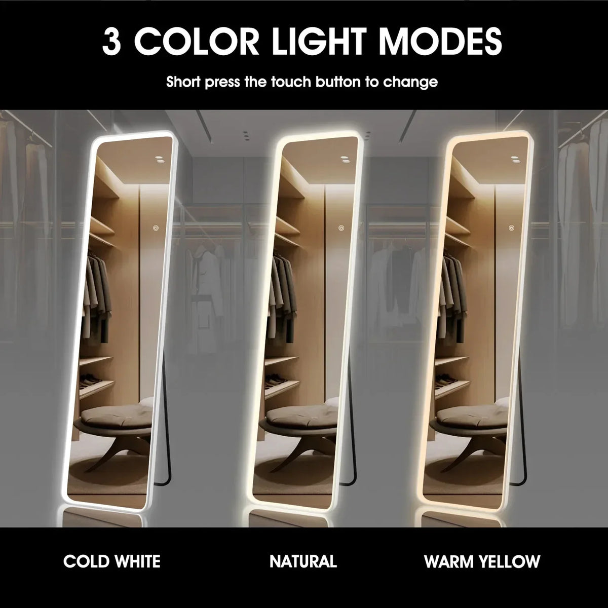 Full Body Mirror with Illumination, COB-LED, Wall Mirror,3 Light Colors Adjustable Dimmable,Floor Mirror with Touch Button Large - view 2
