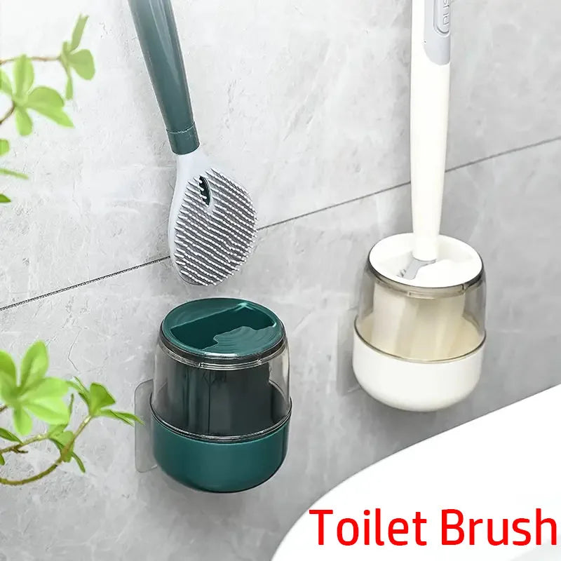 Toilet brush set with wall support and long handle