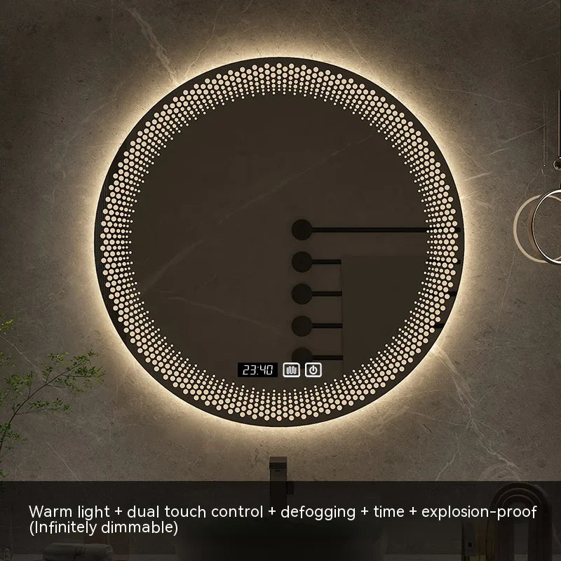 LED round mirror with adjustable backlight and intelligent anti-fog - Preheat Time Display