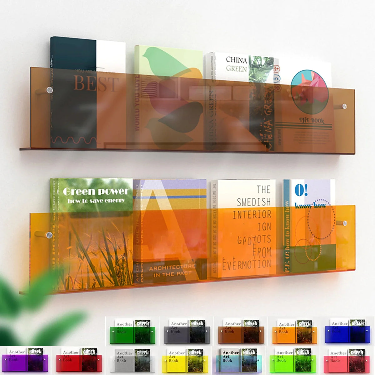Floating acrylic wall shelf with magazine holder and literature organizer