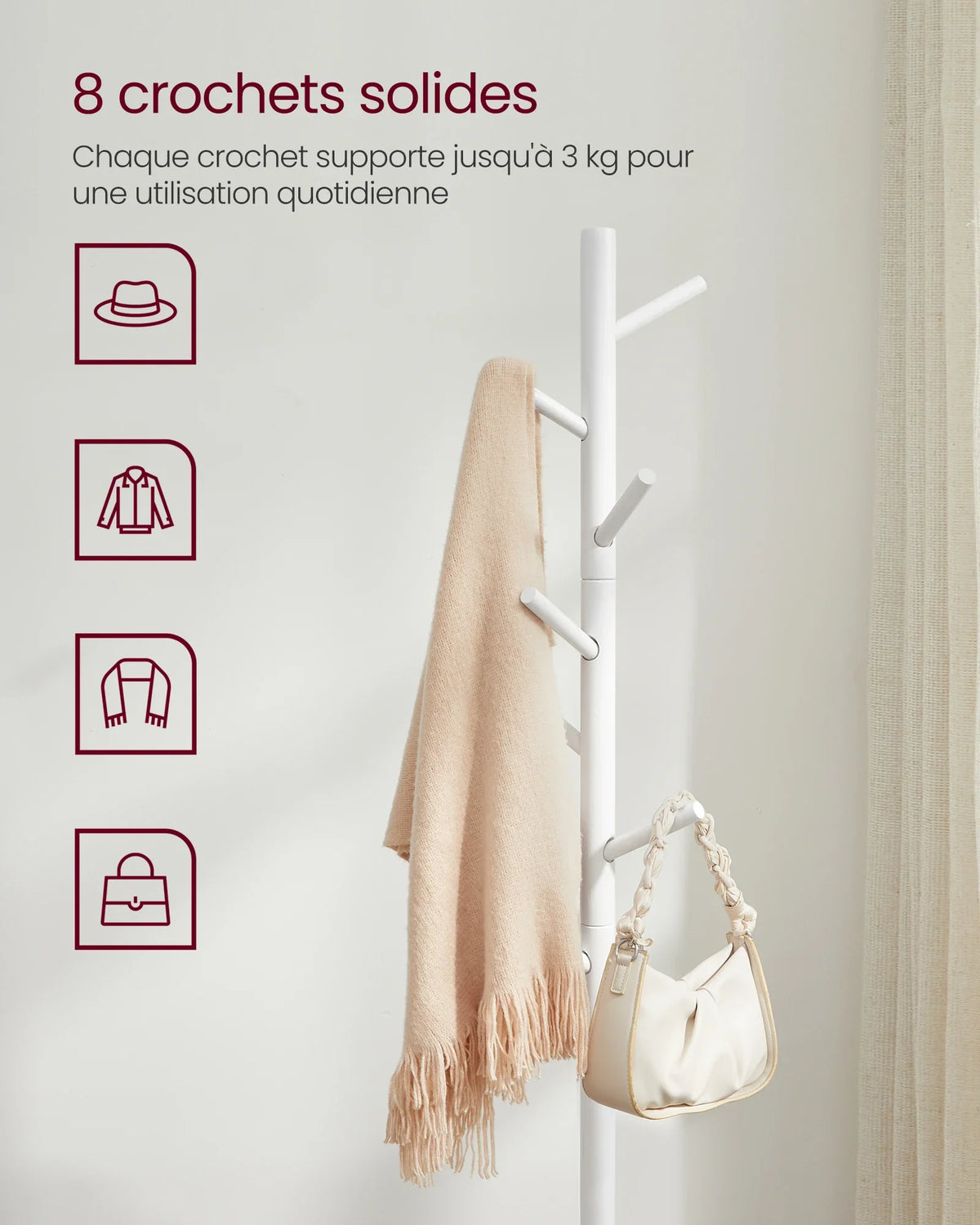 White Solid Wood Tree Coat Rack with 8 Hooks and 3 Heights - view 2
