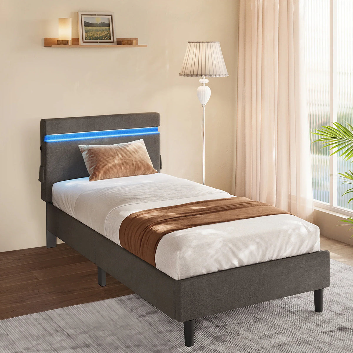 VASAGLE Metal Single Bed, 90 x 190 cm, Bed Frame, with Headboard, LED Lighting, USB and Type-C Port, Modern Style - view 3