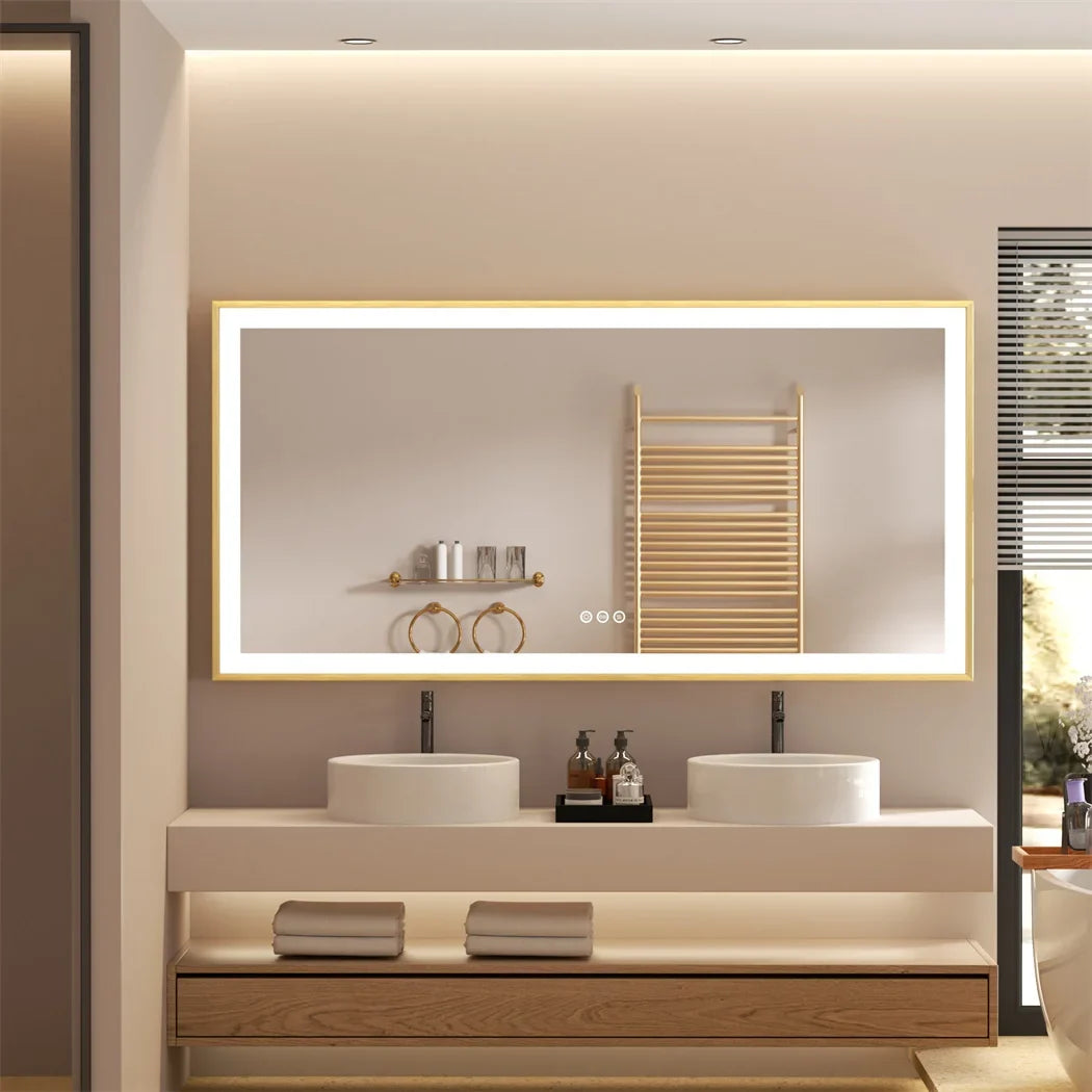 Illuminated mirror with golden frame and three-colored anti-fog led lights