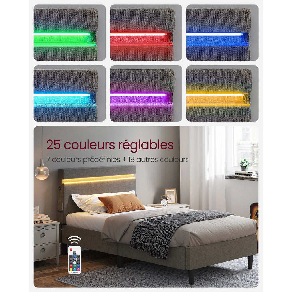 VASAGLE Metal Single Bed, 90 x 190 cm, Bed Frame, with Headboard, LED Lighting, USB and Type-C Port, Modern Style - view 6
