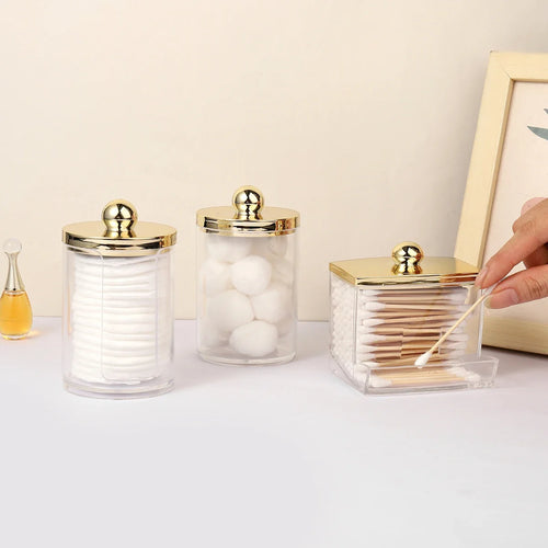 1/3 pcs Qtips Dispenser Bathroom Container with Golden Lid , 10 oz Cotton Ball Holder, Clear Plastic Apothecary Jar Organizer - view 2
