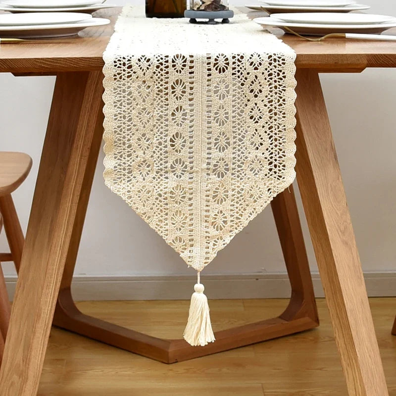 Lace table runner crochet beige vintage pom-poms - 24x100cm