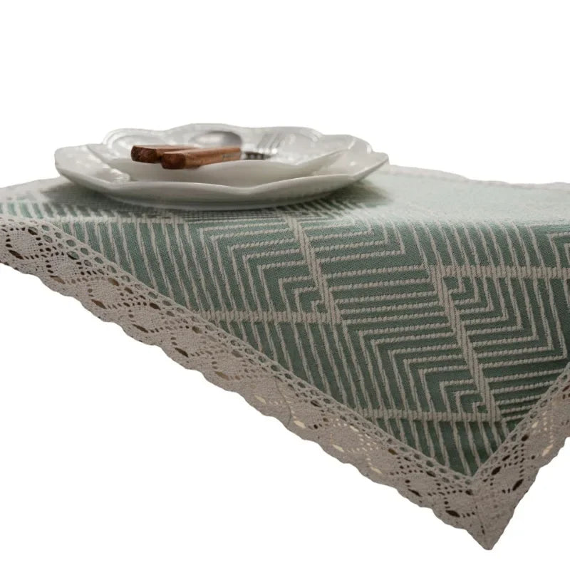Structured Beige and Black Geometric Table Runner with Pom-Poms - view 6