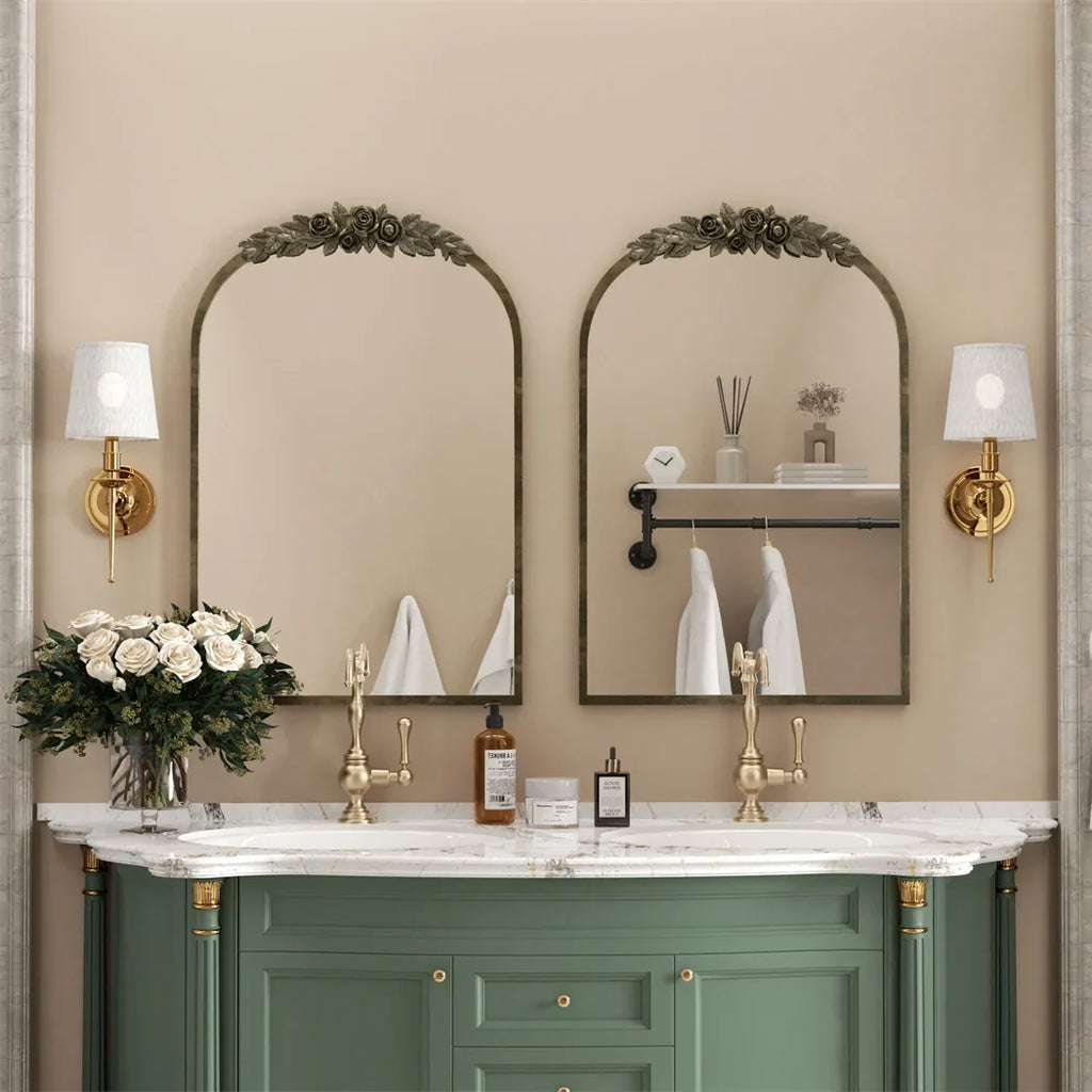 Antique Brass Arched Wall Mirror with Rose Accent for Fireplace - view 6