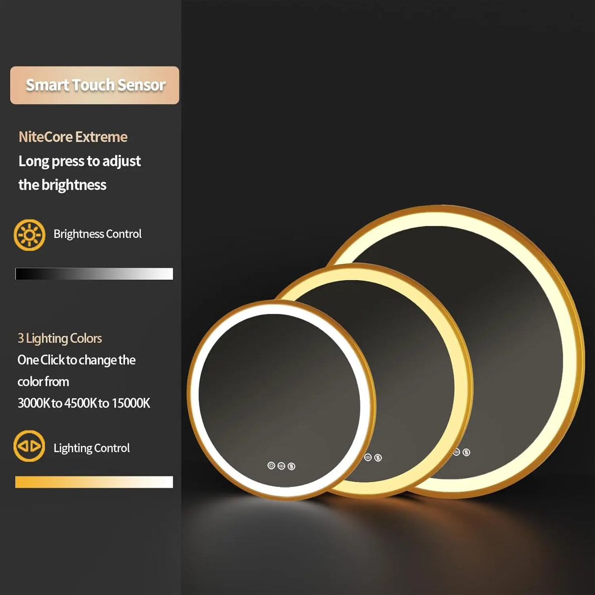 Round illuminated mirror with golden frame and memory function - view 5