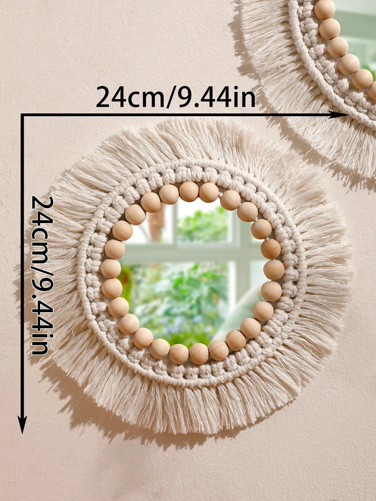 Hanging mirror in decorative macrame with woven pom-poms - KK088-MS8331