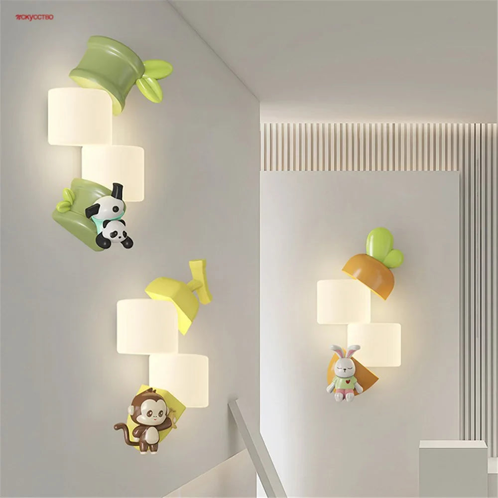 Wall sconce with led monkey and panda for children