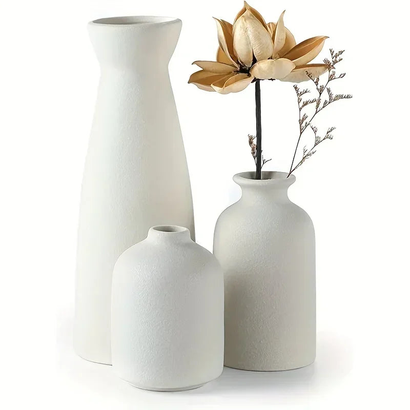 Ceramic Vase Set Of 3, Flower Vases For Rustic Home decor, Modern Farmhouse decor, Living Room decor,Shelf decor,Table decor - A 3PCS