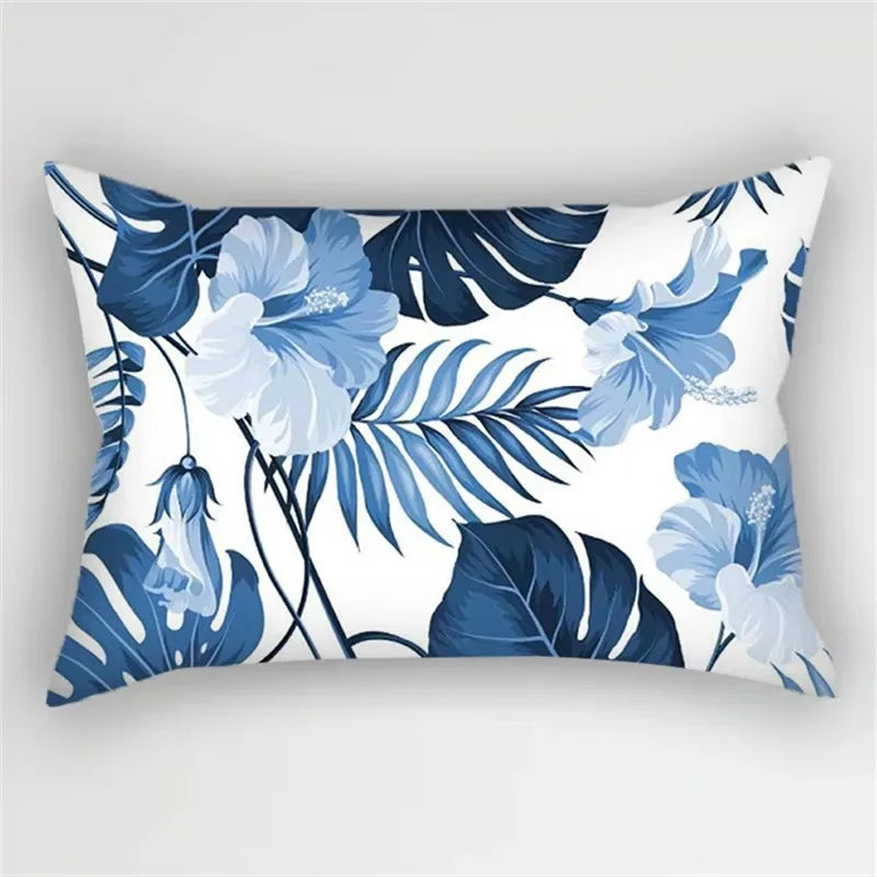 Rectangular pillowcase striped pattern blue flowers and leaves