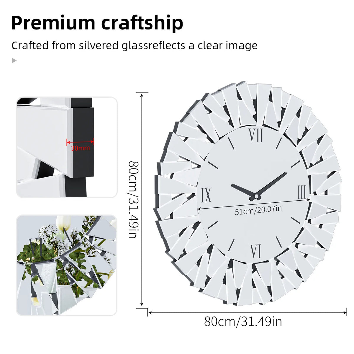 Wisfor Large Modern Wall Clock 32 Inch Round Beveled Glass Edge Wall Mirror with Clock for Modern Living Room,Home Interiors - view 5