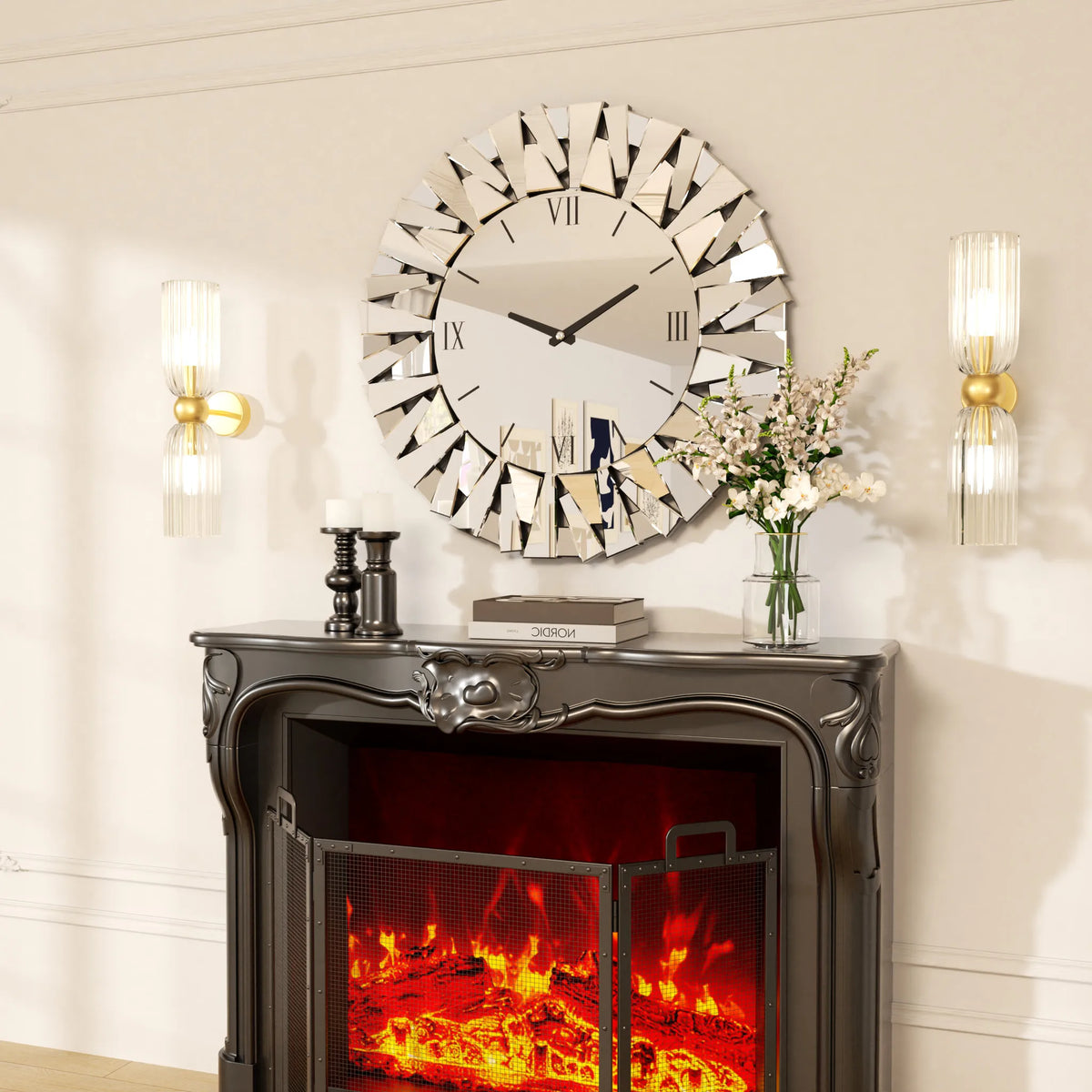 Wisfor Large Modern Wall Clock 32 Inch Round Beveled Glass Edge Wall Mirror with Clock for Modern Living Room,Home Interiors - view 3