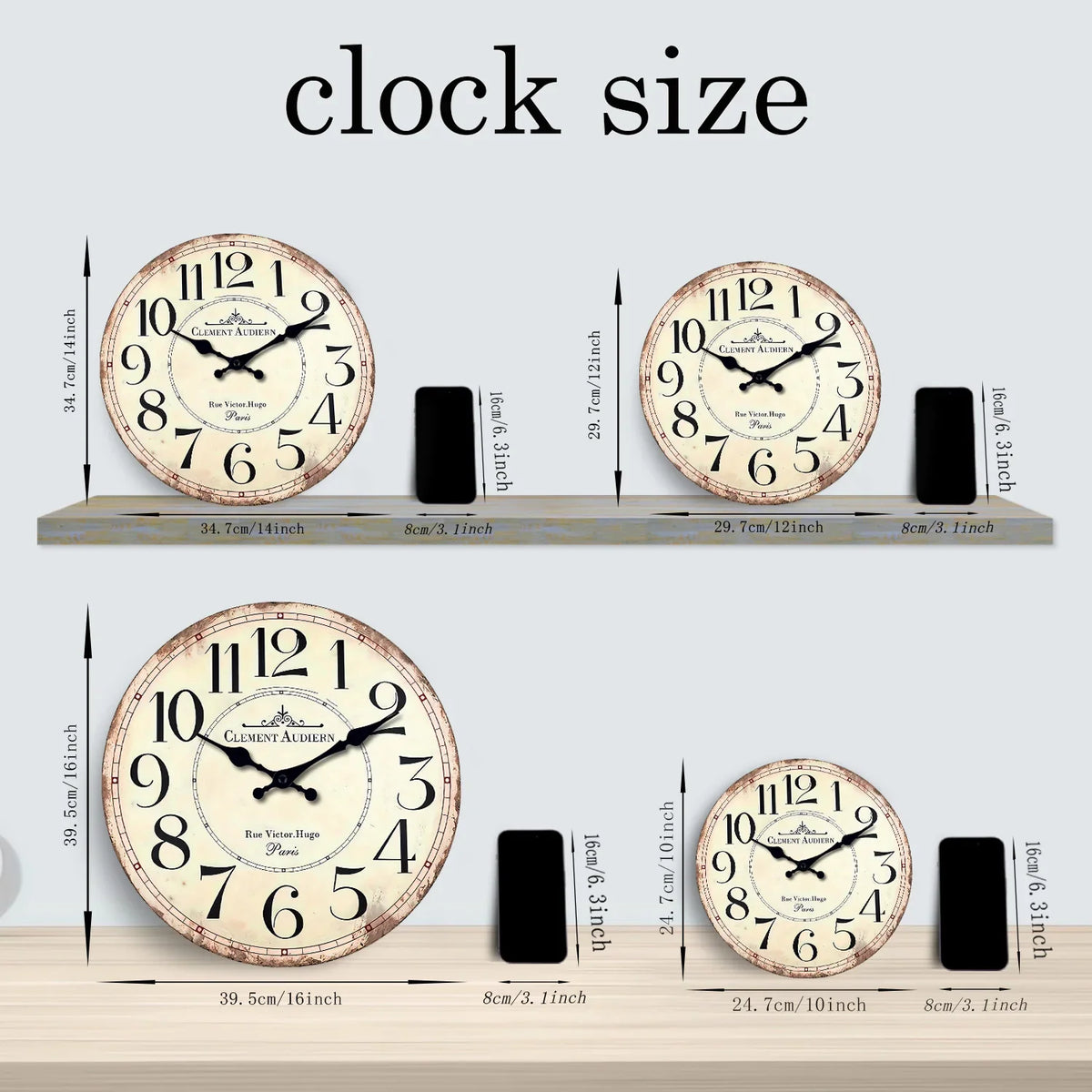 Wall clock retro wood pattern Clement Audierne silent decoration - view 3