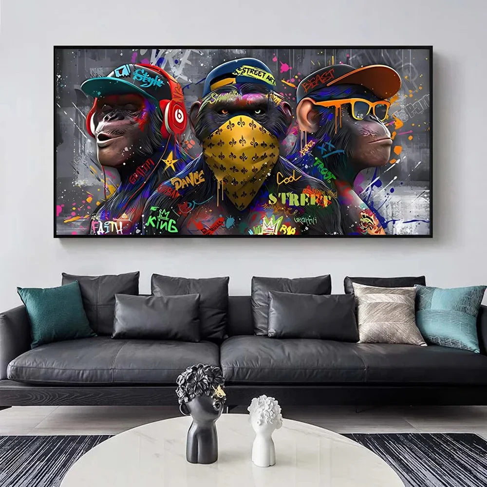 Three orang-outans graffiti art wall decoration monkey music - view 7