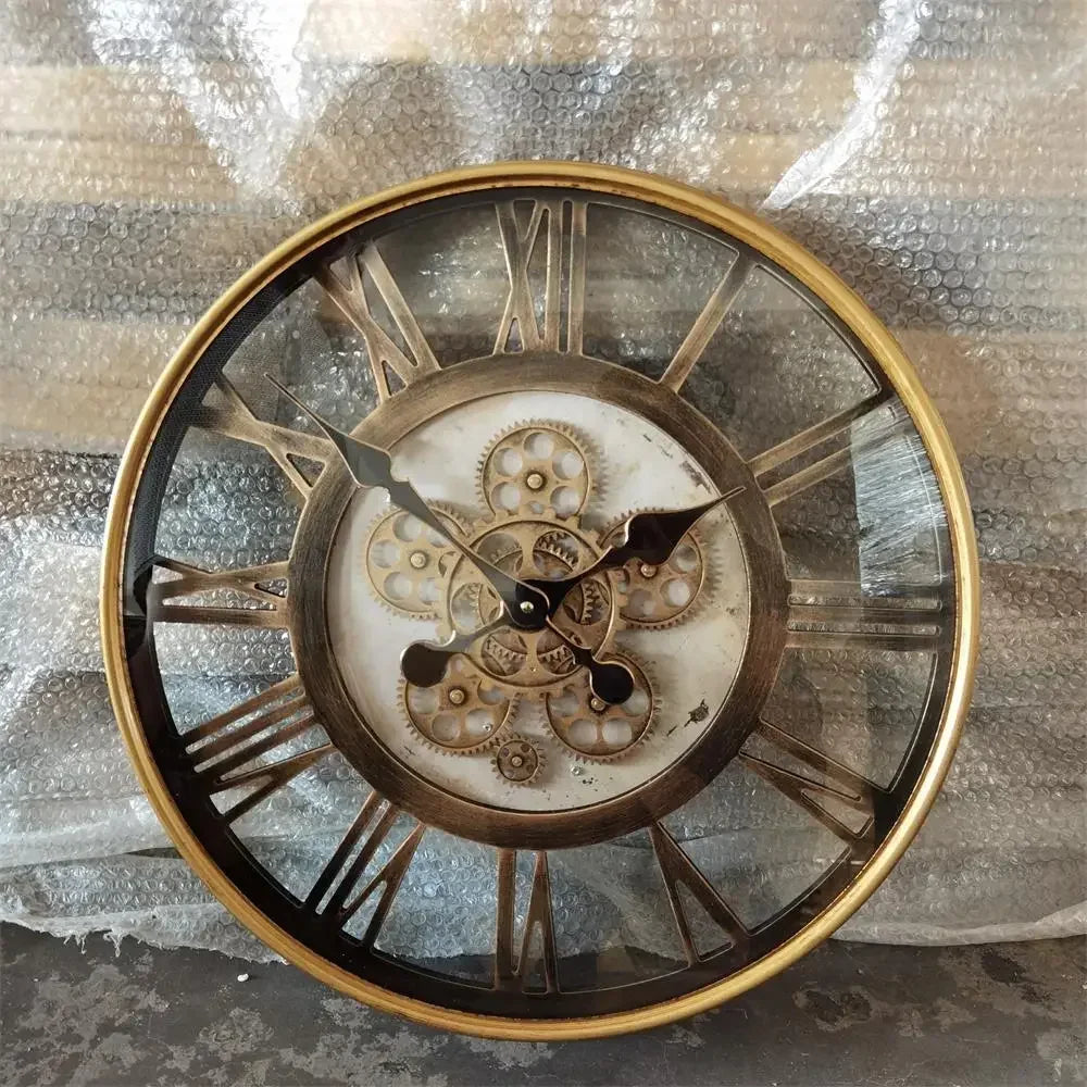 Industrial metal wall clock with decorative movable gears - Rustic Gold