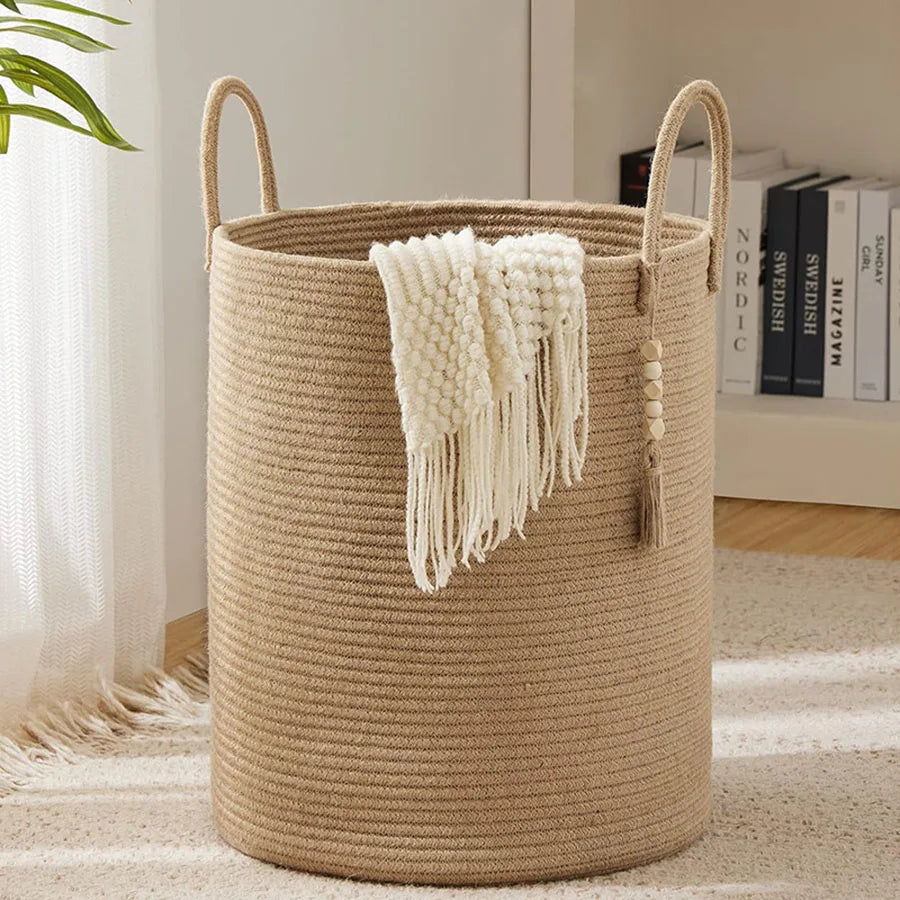 Large woven storage basket with folding handles for toys and linen
