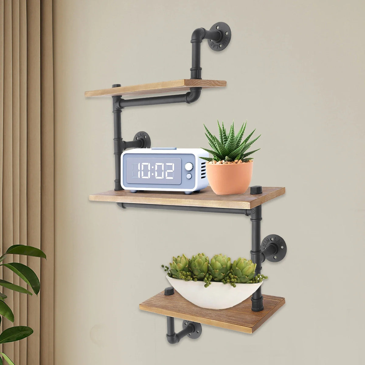 Vintage wall shelf in wood and industrial pipes
