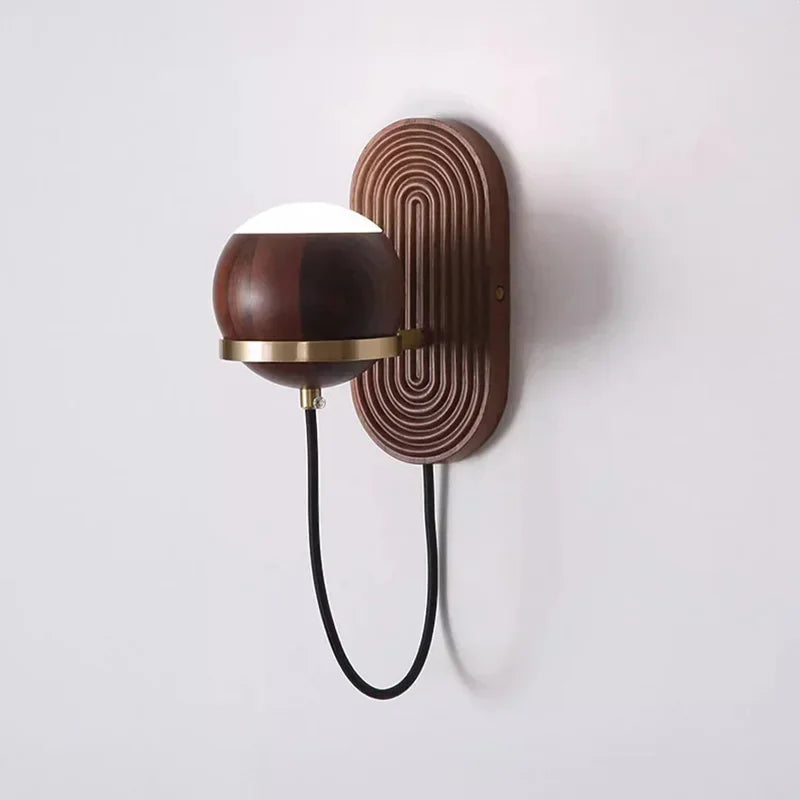 Walnut Wood Circular Sphere, Modern Wabi-sabi minimalist Wall Sconce light for Bedroom, Bedside, Living, Dining Room