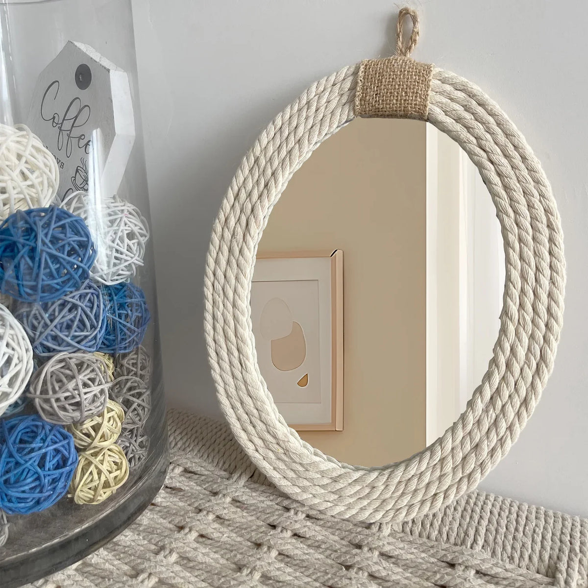 Oval mirror in cotton rope nautical style bohemian - view 3