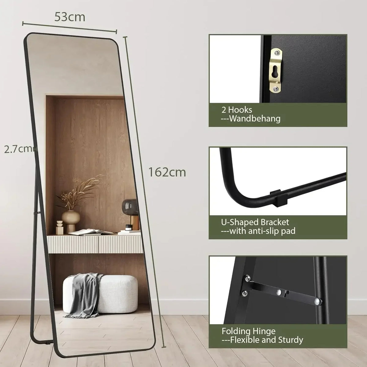 Wall-Mounted Full Length Mirror 162x53cm, Black or Gold - Black Round angle
