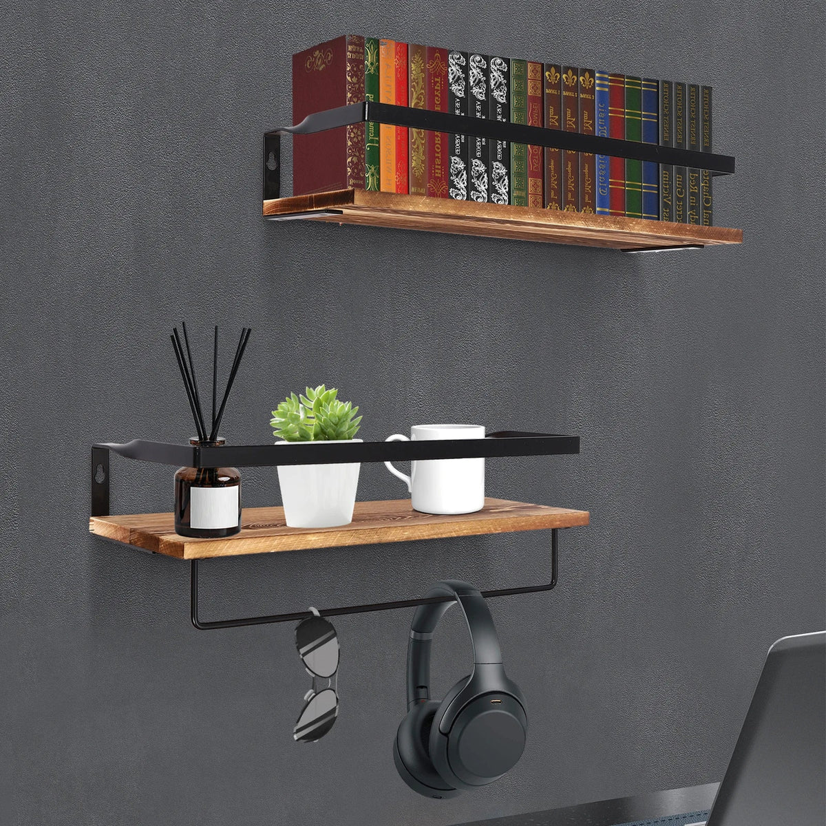 Wooden wall shelf with towel bar for practical storage - view 2