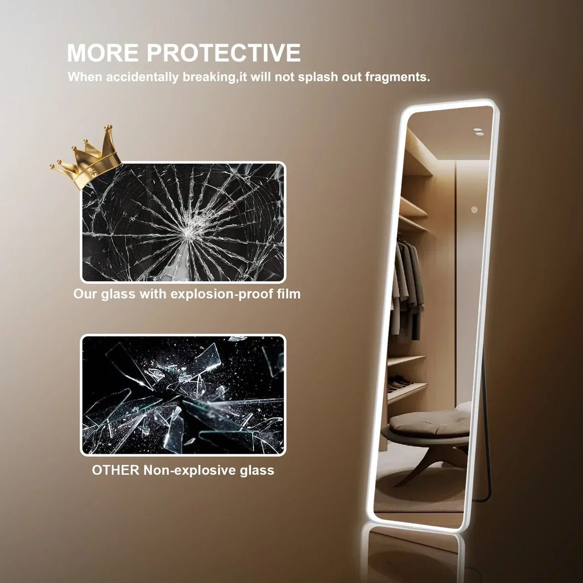 Full Body Mirror with Illumination, COB-LED, Wall Mirror,3 Light Colors Adjustable Dimmable,Floor Mirror with Touch Button Large - view 5