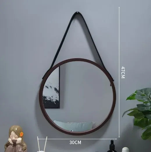 Round wall mirror with thick wooden border - Red