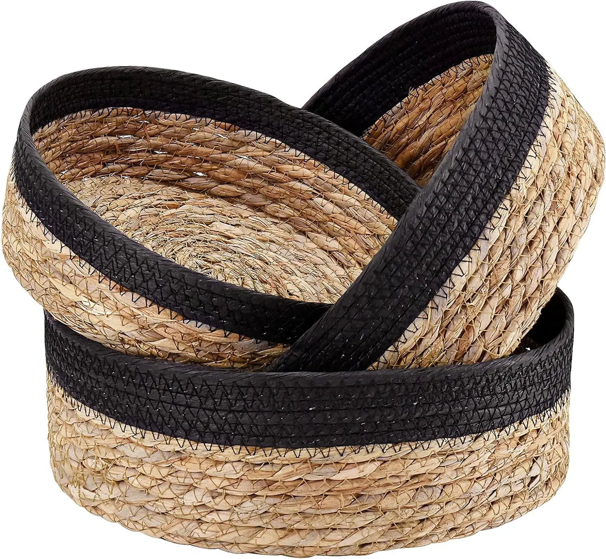 3 Size Woven Storage Basket, Organize Straw Cosmetics Storage Basket, Snack Food Storage Table Basket Made of Cattail Material - Black / 30.5X10 CM