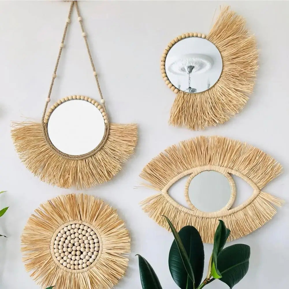 Hanging mirror in Raffia and decorative multifunctional wooden beads - view 2