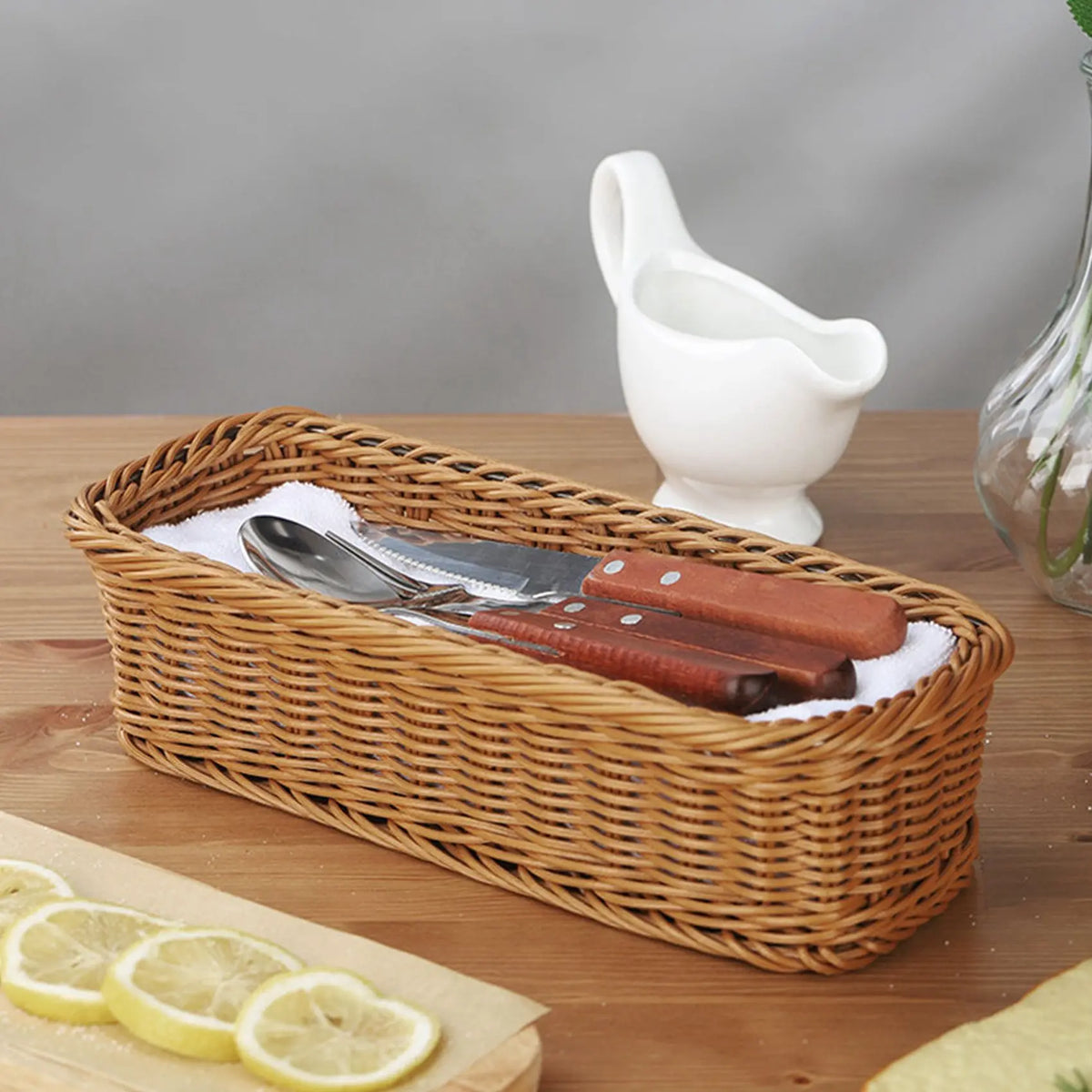 Desktop Cutlery Storage Basket Woven Basket Restaurant Tableware Drain Storage Box Tableware Storage Basket, Brown - view 4