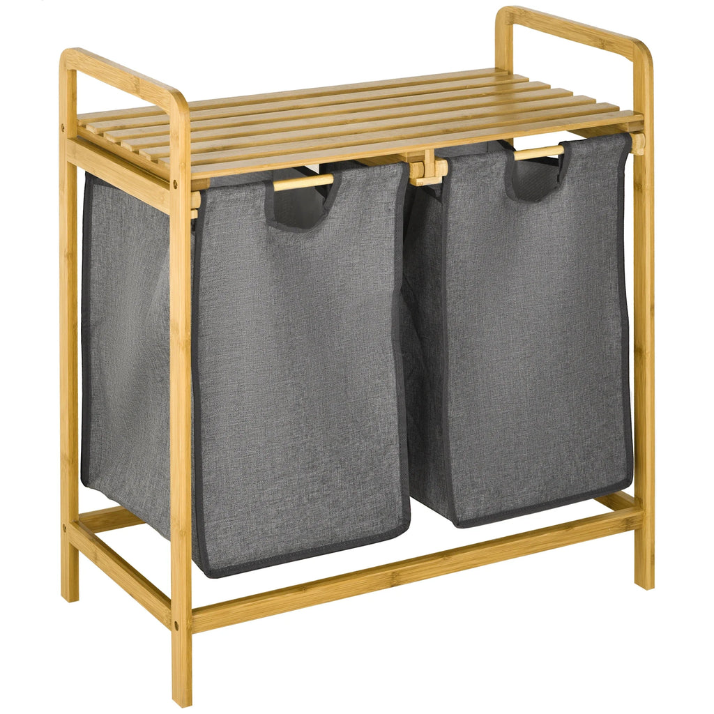 HOMCOM bamboo dirty laundry basket with 2 bags removable 63,5x33x73cm Natural - 63.5x33x73 cm