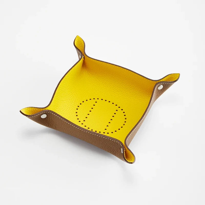 Folding leather storage tray for various objects - Yellow and Grey S
